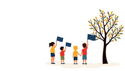 Children celebrating with EU flags near geometric tree, unity and joy
