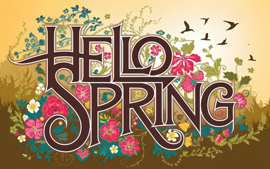 Hello Spring Text with Vibrant Floral Patterns and Birds in Flight