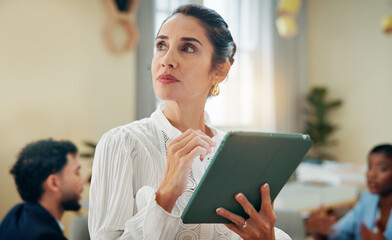 Thinking, office and business woman on tablet for proposal, project review and research on website....