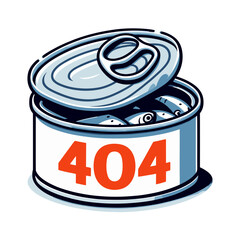 404 error on opened tin can. Food or supply website error page illustration showing empty container for restaurant or grocery sites maintenance.