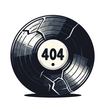 Broken vinyl record with 404 message in black and white. Perfect for music websites indicating missing audio content or broken links.