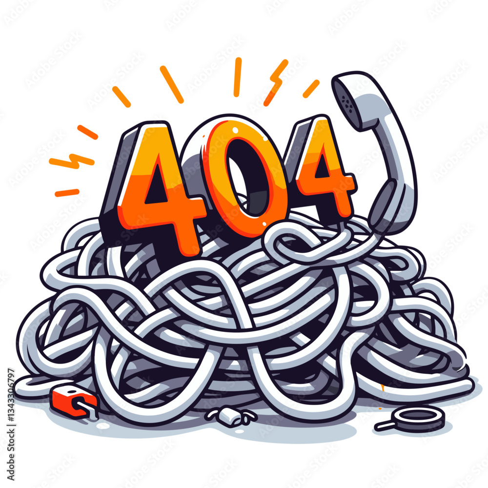 Wall mural tangled cables with 404 message and telephone in chaotic illustration. perfect for tech support or c