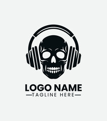 Monochrome skull wearing headphones against a light background. Music culture concept.