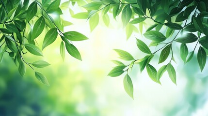Obraz premium Lush green leaves frame a bright, sunlit background.