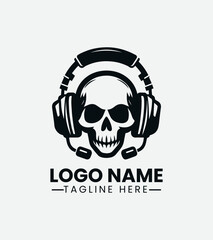 Monochrome skull wearing headphones against a light background. Music culture concept.