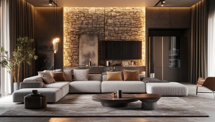 Modern living room with neutral tones and stone accent wall.