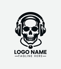 Monochrome skull wearing headphones against a light background. Music culture concept.