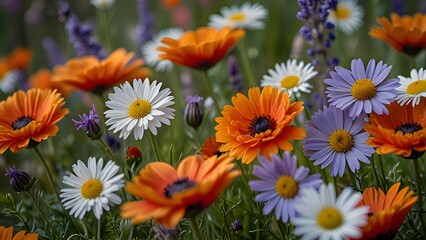 A close-up of a cluster of wildflowers in full bloom, featuring bright daisies, lavender, and poppies, with morning dew glistening on the petals.