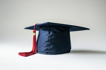 A Blue Graduation Cap With Red Tassel Isolated On White Surface