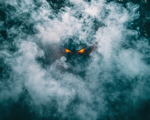 Monster in smoke, glowing eyes, dark ambiance