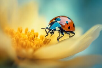Ladybug resting on vibrant yellow flower in natural light. AI image