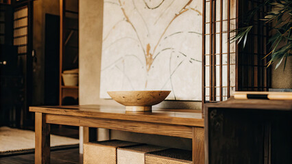 Textured white and brown wall with subtle abstract art, featuring a handcrafted wooden table with a refined wooden bowl, evoking a natural and warm contemporary home ambiance.