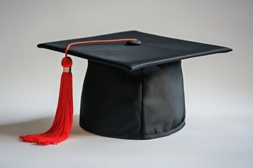 A black graduation cap with a bright red tassel shown