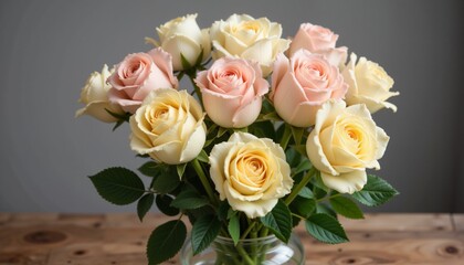 Obraz premium Beautiful bouquet of pastel roses in glass vase on wooden table, floral elegance