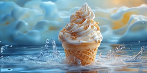 Vanilla ice cream cone surrounded by splashing water creating a dessert landscape