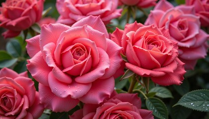 Glistening morning dew on vibrant rose petals, nature's beauty