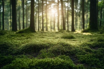 Obraz premium Sunlit forest floor with lush moss in golden hue. AI image