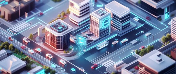 Futuristic cityscape with glowing neon lights and autonomous vehicles.