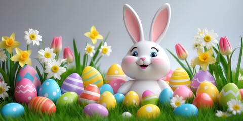 Fototapeta premium Cheerful Easter Bunny with Colorful Eggs