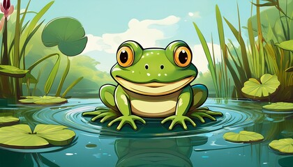 picturesque natural pond inhabitant green frog in pond concept of outdoor scene cartoon illustration