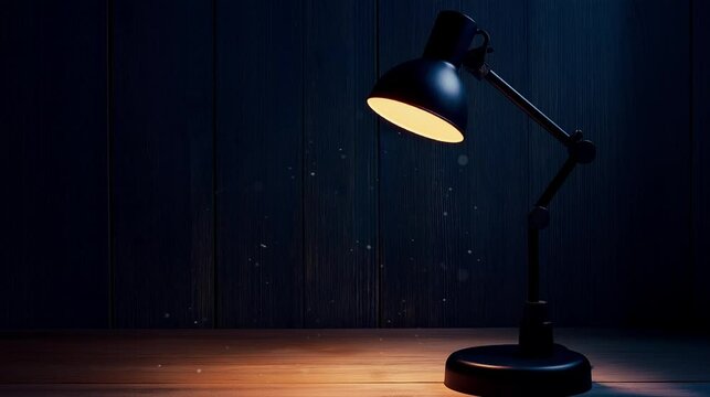 Minimalist black desk lamp casting warm light on a wooden surface against a dark moody background. Perfect for workspaces, interior design, and modern aesthetics.  

