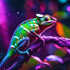 Obraz premium A colorful chameleon with mesmerizing neon hues, perched on a branch against a dreamy bokeh background with glowing lights