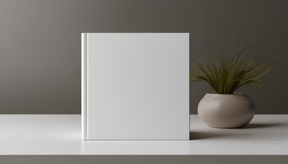 white square book mockup front view with blank hard cover standing on white table 3d rendering