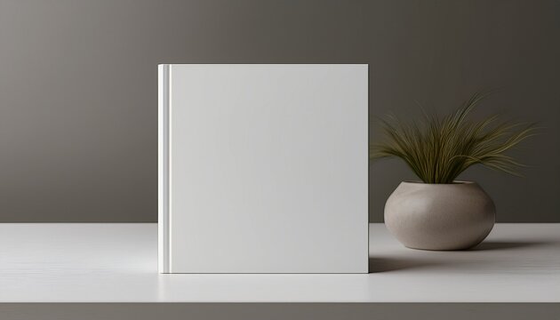 white square book mockup front view with blank hard cover standing on white table 3d rendering