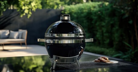 Modern outdoor grill with burgers in a tranquil backyard setting.