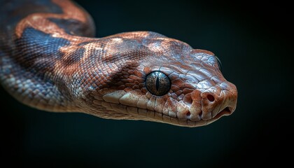 Fototapeta premium Close-Up Portrait of a Brown and Tan Snake with Striking Eyes Against a Dark Background