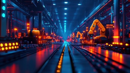 Fototapeta premium A factory with a lot of robots and a yellow one