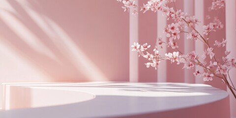 A soft pink floral display with a round product pedestal