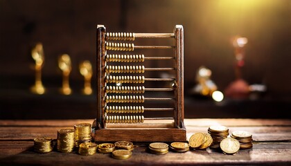 vintage abacus display with golden coins on weathered wooden table