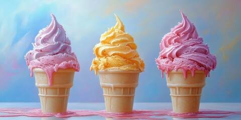 Colorful Cones of Ice Cream Artistically Displayed, Dripping, and Ready to Eat