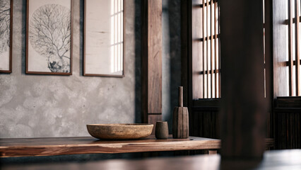 Textured white and brown wall with subtle abstract art, featuring a handcrafted wooden table with a refined wooden bowl, evoking a natural and warm contemporary home ambiance.