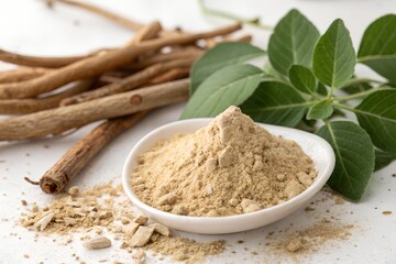 ashwagandha stick powder and leaf isolated on white background