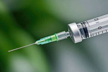 A closeup of a medical syringe with a needle