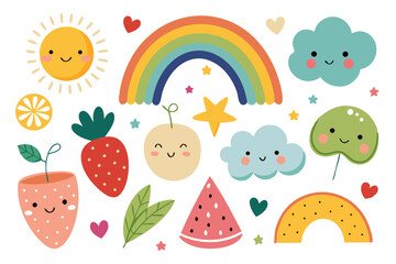 Adorable hand-drawn vector collection for nursery decoration, featuring cute rainbows, fruits, and bunting
