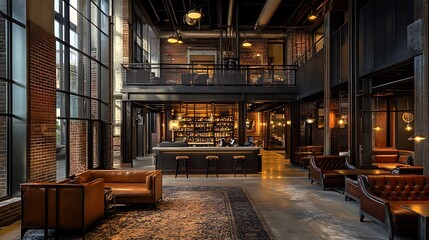 Elegant Lounge Interior with Bar Area and Industrial Design Elements