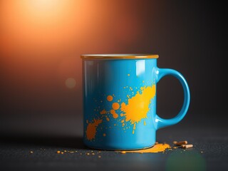 Golden Sunbeam on a Blue Splatter Mug, Soft Percale Background