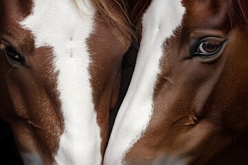Two Brown Horses Close Up  Face to Face  Affectionate