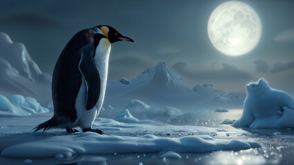 Fototapeta premium Majestic Emperor Penguin under Full Moon in Icy Polar Wonderland