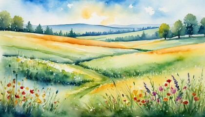 watercolor painting of a beautiful rolling landscape with a meadow on a sunny day