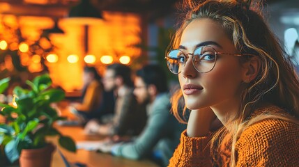 Professional woman wearing glasses engaged in creative brainstorming session with diverse team in an office setting