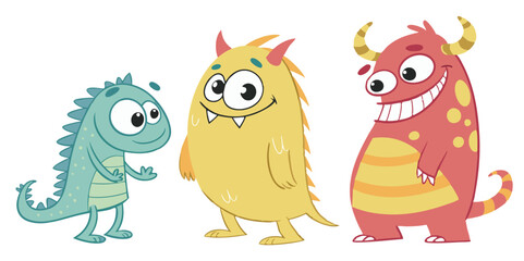 Fototapeta premium A playful collection of funny, imaginary toy monsters and creatures, featuring smiling characters 