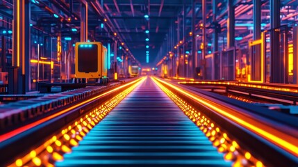 Smart factory conveyor system, robotic automation handling packages, futuristic industrial setting, glass walls reflecting soft ambient ligh