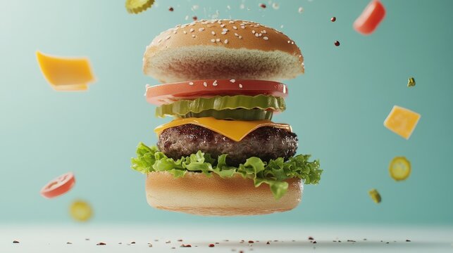 Lettuce and savory patty combine with fresh toppings in perfectly crafted bun for delicious meal. National Hamburger Month - Powered by Adobe