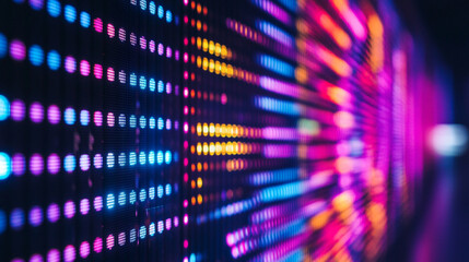 A detailed view of an LED matrix displaying vibrant digital patterns.