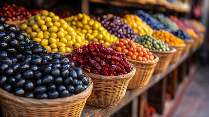 Colorful Assortment of Olives and Natural Ingredients at a Mediterranean Market