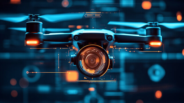 A macro image of an advanced drone camera lens with a futuristic HUD overlay.